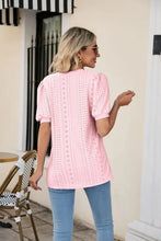 Eyelet Puff Sleeve V-Neck Top Woman T Shirts
