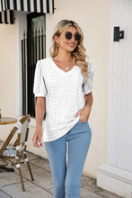 Eyelet Puff Sleeve V-Neck Top Woman T Shirts