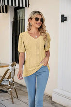 Eyelet Puff Sleeve V-Neck Top Woman T Shirts
