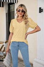 Eyelet Puff Sleeve V-Neck Top Yellow Woman T Shirts