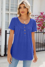 Blue eyelet quarter button short sleeve henley tunic top