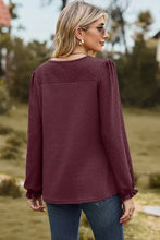 Eyelet round neck flounce sleeve T-shirt in maroon with ruffled cuffs