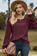 Women’s eyelet round neck flounce sleeve burgundy T-shirt