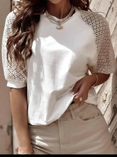 White eyelet round neck half sleeve T-shirt with lace raglan sleeves