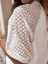 White eyelet round neck half sleeve T-shirt with lace sleeves