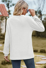White ribbed knit eyelet round neck long sleeve T-shirt for women