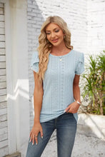 Light blue eyelet round neck petal sleeve short-sleeve T-shirt