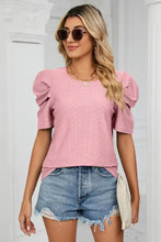 Womens pink eyelet round neck puff sleeve T-shirt