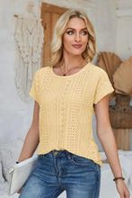 Eyelet round neck rolled short sleeve light yellow top, slightly stretchy