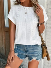 White eyelet round neck short sleeve T-shirt top