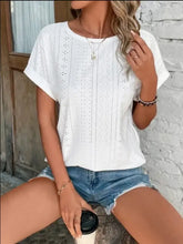 Eyelet Round Neck Short Sleeve T-Shirt Woman T Shirts