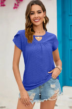 Royal blue eyelet short sleeve T-shirt with keyhole neckline