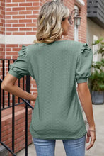 Sage green eyelet ruffled round neck T-shirt with short puff sleeves