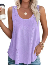 Lavender eyelet scoop neck tank with a delicate eyelet pattern and relaxed flowing silhouette in sleeveless design
