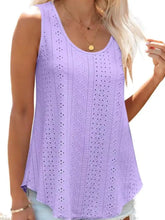 A lavender eyelet scoop neck tank with a delicate eyelet pattern and sleeveless design for stylish summer wear