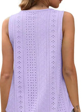 Lavender sleeveless eyelet scoop neck tank with intricate embroidery and rounded neckline for stylish summer wear