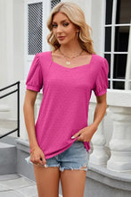 Eyelet short sleeve pink T-shirt with textured square neckline