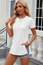 White eyelet slit round neck short sleeve T-shirt with side slits