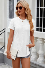 Women’s white eyelet slit round neck short sleeve tunic top