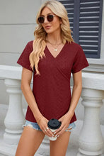 Women’s eyelet surplice short sleeve burgundy V-neck wrap top