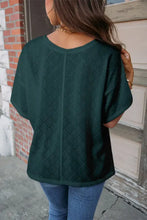 Women’s dark green short-sleeved dropped shoulder Eyelet V-Neck T-Shirt with diamond knit pattern