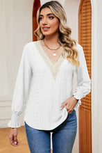 Womens white eyelet V-neck blouse with long flounce sleeve cuffs