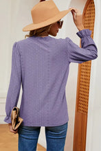 Purple eyelet V-neck blouse with long flounce sleeve ruffle cuffs