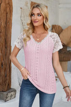 Eyelet V-Neck Lace Short Sleeve T-Shirt Blush Pink Woman T Shirts