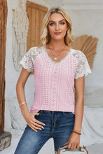 Eyelet V-Neck Lace Short Sleeve T-Shirt Woman T Shirts