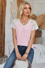Eyelet V-Neck Lace Short Sleeve T-Shirt Woman T Shirts