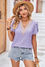 Eyelet V-Neck Petal Sleeve T-Shirt Woman T Shirts