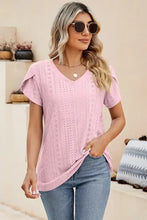 Light pink short-sleeved Eyelet V-Neck Petal Sleeve T-Shirt with eyelet detailing