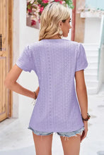 Light purple eyelet embroidered short sleeve V-neck petal sleeve T-shirt