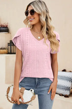 Women’s pink eyelet short-sleeve V-neck top with petal sleeves