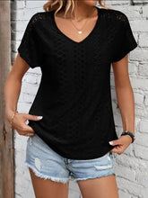 Black V-Neck Short Sleeve Textured Knit Eyelet T-Shirt