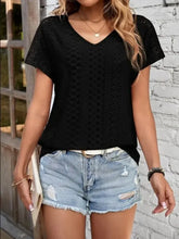 Eyelet V-Neck Short Sleeve T-Shirt with light-wash denim shorts
