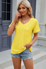Bright yellow eyelet short sleeve V-neck T-shirt top