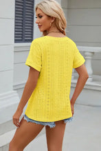Bright yellow women’s short sleeve eyelet V-neck T-shirt