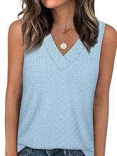 Light blue eyelet v neck tank top with a delicate perforated pattern perfect for casual summer wear