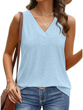 Light blue eyelet v neck tank featuring a sleeveless design and delicate diamond-patterned knit fabric