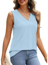Light blue sleeveless eyelet v neck tank with delicate embroidery perfect for casual summer wear