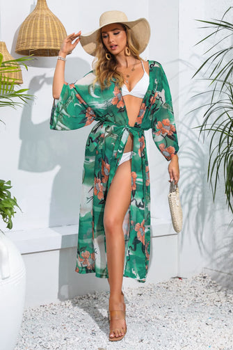 Floral Tie Waist Duster Cover Up Dark Green One Size