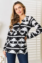 Heimish Full Size Geometric Notched Neck Long Sleeve Top Black Woman Blouses