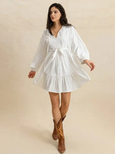Tiered Tie Neck Long Sleeve Mini Dress Casual Dresses