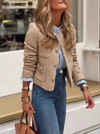 Raw Hem Pocketed Round Neck Jacket Camel