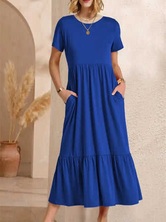 Round Neck Short Sleeve Dress with Pockets Navy Casual Dresses