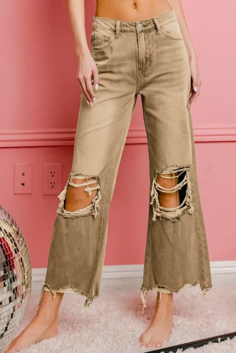 BiBi Distressed Vintage Washed Wide Leg Pants VINTAGE CAMEL Woman Pants