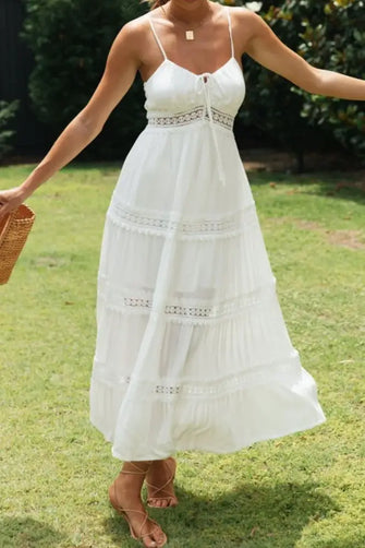 Lace Detail Smocked Midi Cami Dress White Casual Dresses