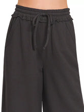 Black zenana french terry wide leg sweatpants with ruffled elastic waistband and drawstring closure