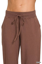 Brown soft-textured zenana drawstring cotton joggers with ribbed waistband and matching drawstring and pockets